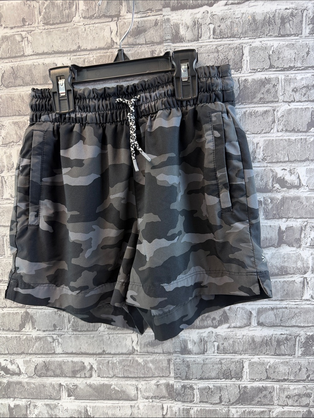 Athleta Girl Black & Gray Camo Drawstring Shorts
